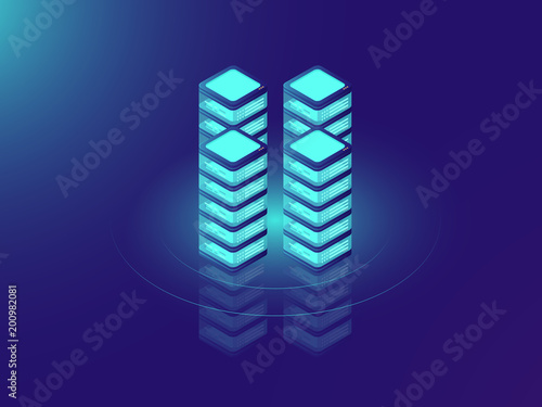 Server room rack, database and datacenter concept icons, IT isometric vector illustration on neon dar background