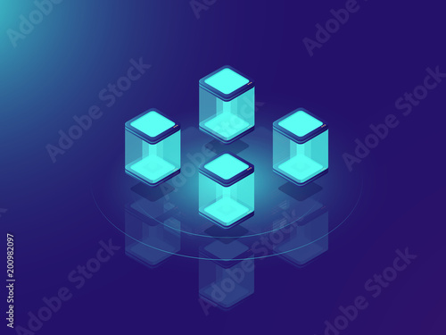Server room concept, cloud data storage and datacenter isometric vector illustration on neon dar background