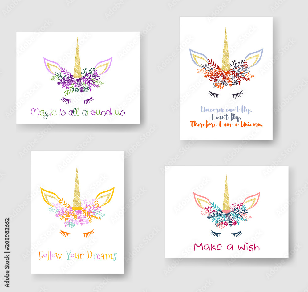 Unicorn horn in flowers and twigs wreath tiara illustration on cards  collection. Creative vector meme unicorn head with horn, flowers and quotes  phrase text. Follow Your Dreams, make a wish quote. Stock