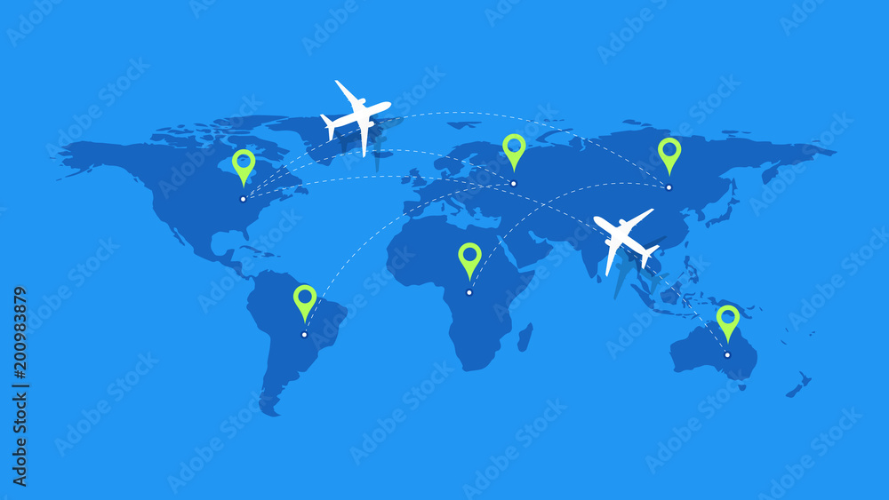 Infographic Vector Illustration With Planes, Dotted Direction Paths And Map Pointers Over Worldmap. Template For Plane Tracking Design