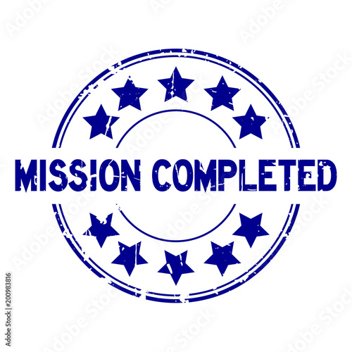 Grunge blue mission completed with star icon round rubber seal stamp on white background