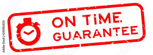 Grunge red on time guarantee word with stopwatch icon square rubber seal stamp on white background