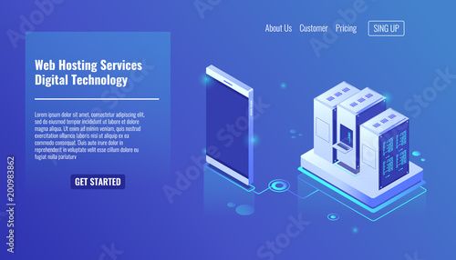 Web hosting services, Isometric server room vector, digital technology, server rack, save file on cloud storage, computer mobile phone