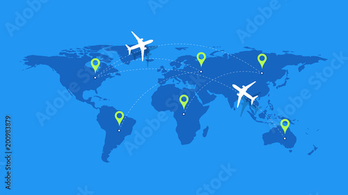 Infographic Vector Illustration With Planes, Dotted Direction Paths And Map Pointers Over Worldmap. Template For Plane Tracking Design