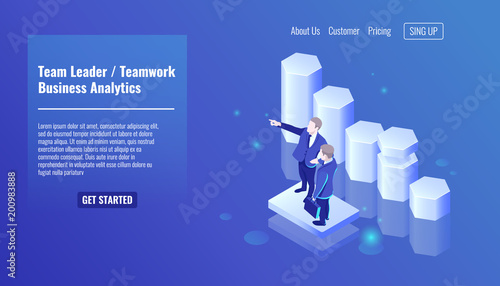 Team leader, teamworking, two businessman stay on growth graphic background, training in business, tutorship isometric vector people