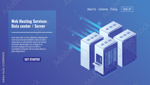 Computer hardware, server room rack, website hosting, database datacenter isometric vector illustration
