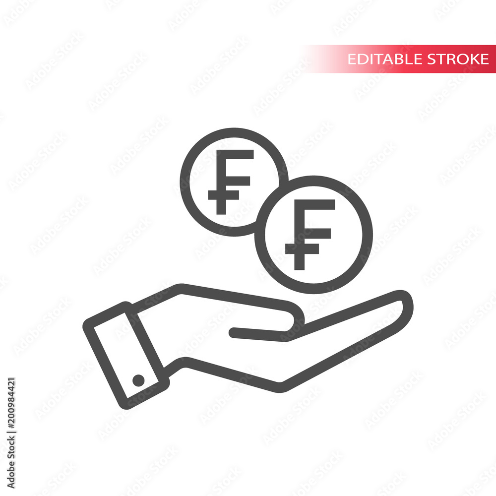 Outline flat icon of swiss franc coins falling in hand. Hand and coins dropping web pictograph. Swiss franc coin and a palm. Outline flat icon of swiss franc coins falling in hand. Hand and coins dropping web pictograph. Swiss franc coin and a palm.