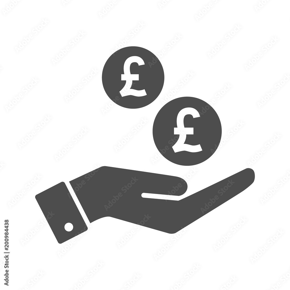 Hand and british pound coins dropping flat icon. Pounds coin and palm pictograph icon symbol. Hand and british pound coins dropping flat icon. Pounds coin and palm pictograph icon symbol.