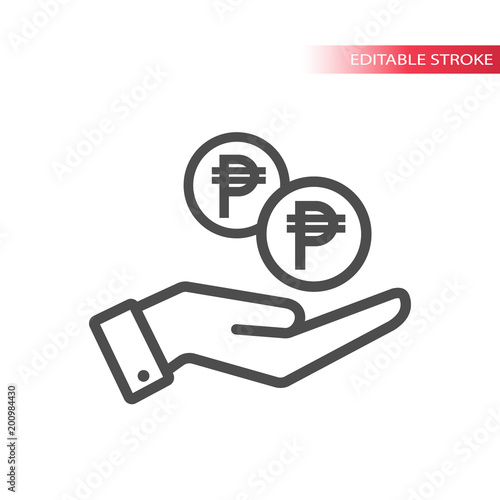 Outline flat icon of peso coins falling in hand. Hand and coins dropping web pictograph. Pesos coin and a palm.