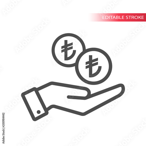 Outline flat icon of turkish lira coins falling in hand. Hand and coins dropping web pictograph. Turkish liras coin and a palm.