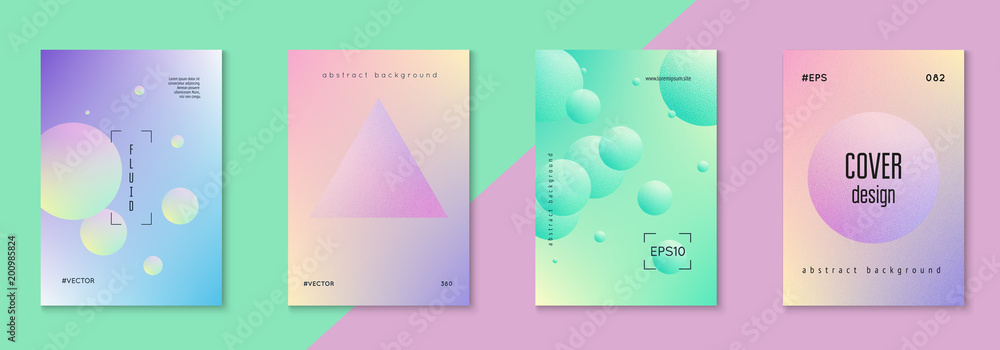 Fluid poster set with round shape. Gradient circles on holographic background. Modern hipster template for placard, presentation, banner, flyer, brochure. Minimal fluid poster in neon colors.
