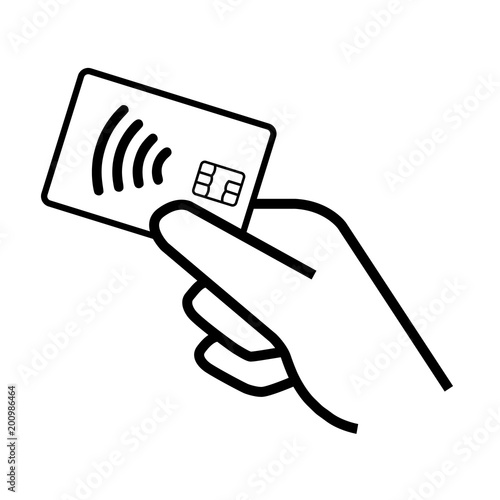 Vector contacless payment card with sim held in hand icon on white background