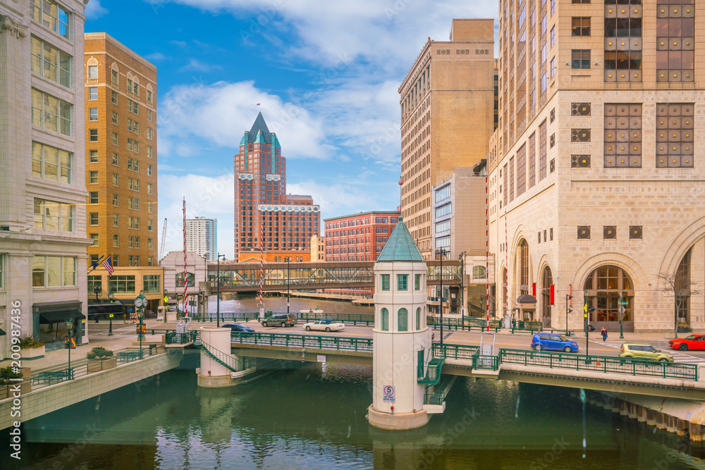 Downtown skyline with Buildings in Milwaukee USA
