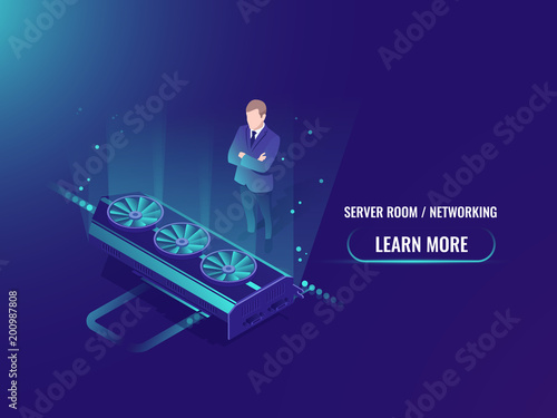 Equipment power rent isometric mining server room neon style, vector video card, data processing, crypto currency farm working, vector illustration