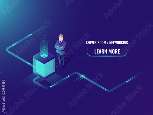 Isometric data center, vector big data processing and storage, information guarding, man system administrator in server room illustration