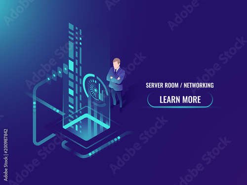 Isometric data flow processing, safe information on cloud server concept, scans a person face. biometric identification. Facial recognition systemvector illustration
