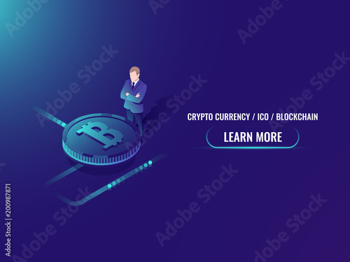 Isometric bitcoin investment and mining, cryptocurrency buy web page vector illustration