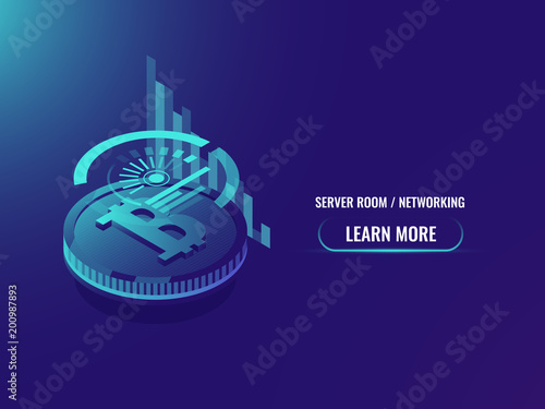 isometric investment into cryptocurrency, analysis and statistics, bitcoin schedule and chart vector illustration