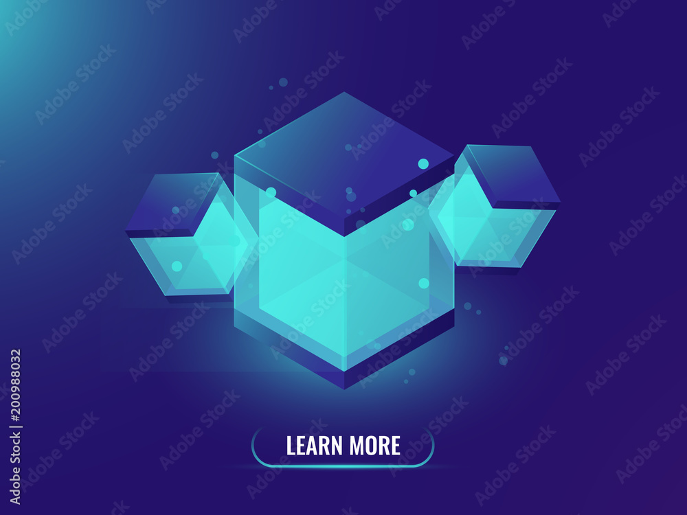 Fototapeta premium Cloud storage isometric vector concept, abstract neon object, technology background, database concept, shining cube box