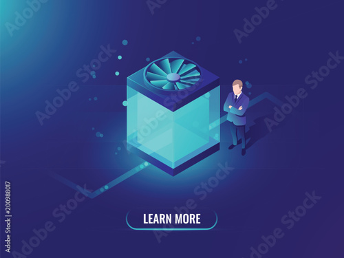 Water cooling computer concept, big data processing and cloud file storage, isometric technology cube, dark neon vector background