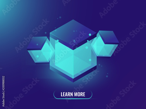 Cloud storage isometric vector concept, abstract neon object, technology background, database concept, shining cube box