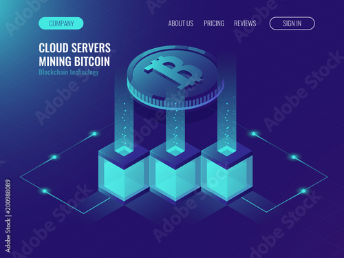 Crypto currency mining comcept, block chain technolofy, token system networking, server room rack ultraviolet isometric vector illustration
