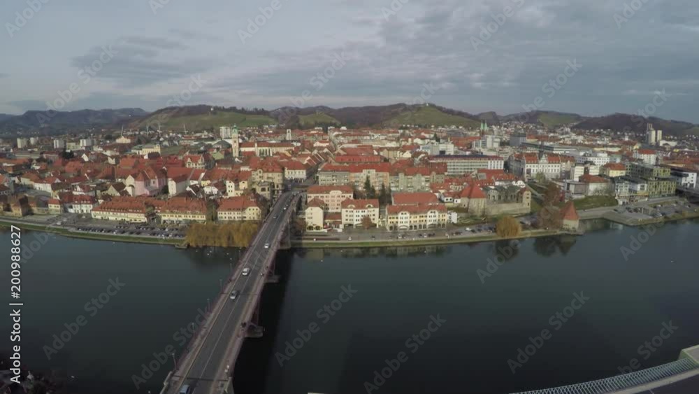 Aerial view of the Old Bridge and Drava River in Maribor Aerial view of the Old Bridge and Drava River in Maribor