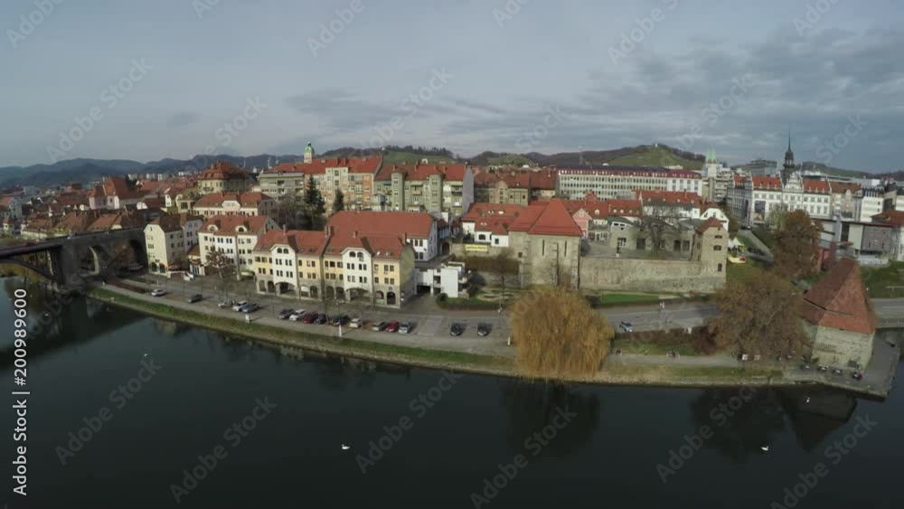 Aerial view of Maribor on Drava River's shore Aerial view of Maribor on Drava River's shore