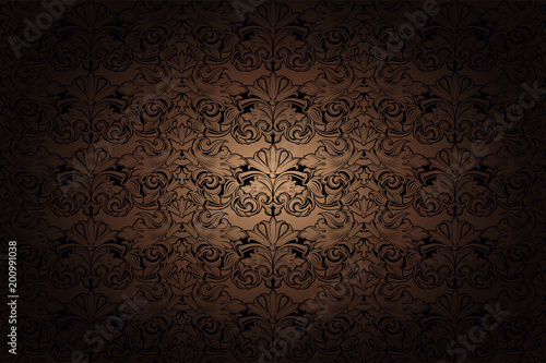 vintage Gothic background in gold, bronze, caramel, chocolate, and black with classic Baroque pattern, Rococo with darkened edges