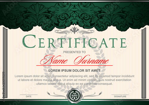 Certificate (horizontal) in the style of vintage, rococo, baroque in the form of a scene with scenes and columns. Decorated with classic floral ornament, flourish. Green with silver color scheme