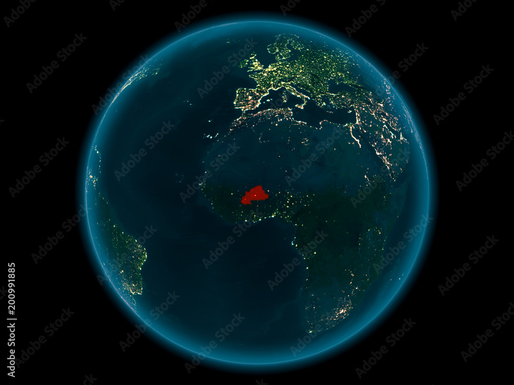 Burkina Faso on planet Earth in space at night Burkina Faso on planet Earth in space at night