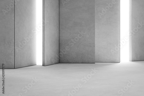 Abstract interior design of modern showroom with empty white concrete floor and gray wall background. Hall or stage 3d illustration.