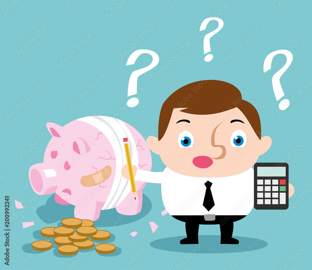 businessman with broken pig and calculator