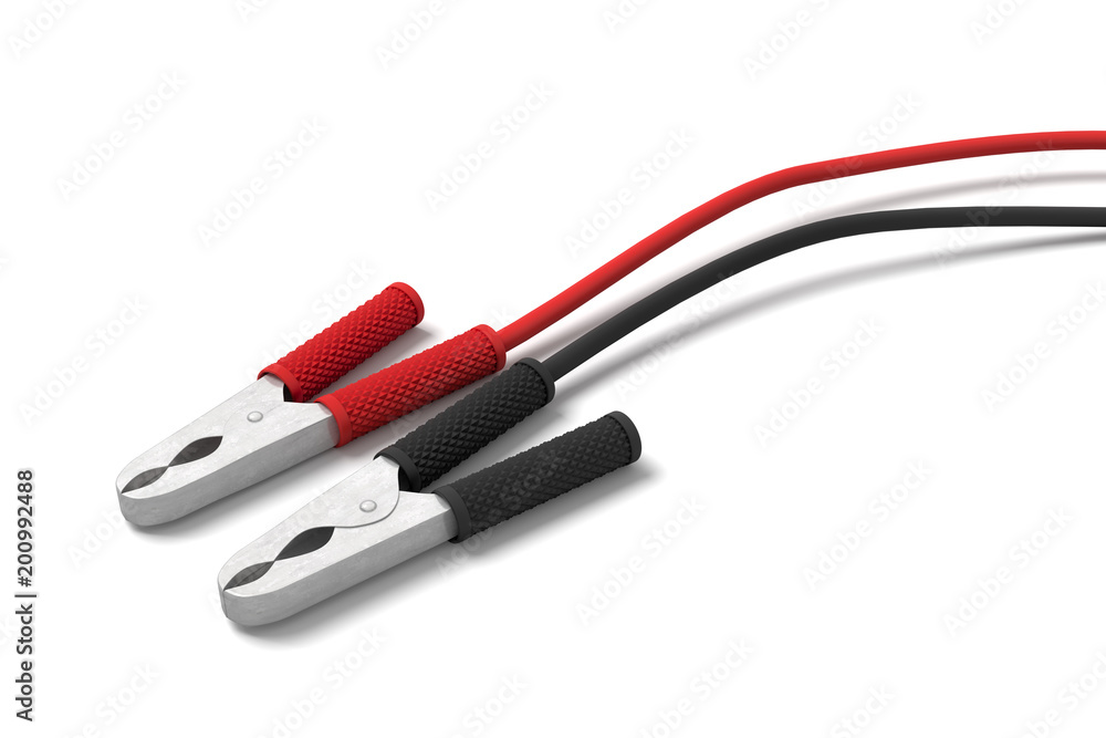3d rendering of two sets of red and black car battery clamps connected to a cable. 3d rendering of two sets of red and black car battery clamps connected to a cable.