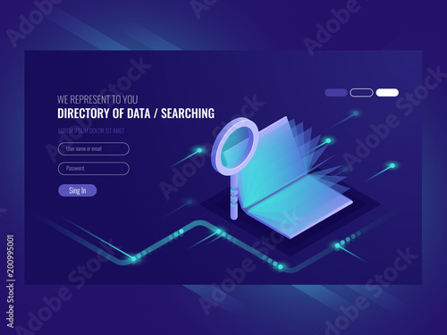 Directory of data, information serching result, book with magnifying glass, search engine optimisation, information technologies isometric vector ultraviolet