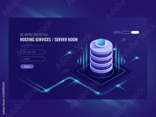 Hosting services, data center, server server room, template of page on information technologies theme sometric vector illustration ultraviolet