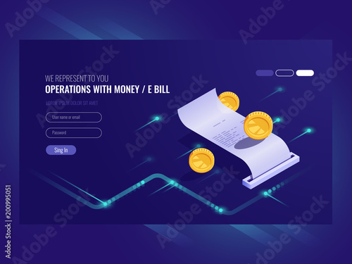 Operations with money, electronic bill, coin, chash transaction, payment online isometric vector ultraviolet