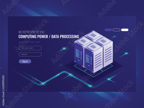 Blockchain server concept, quantum computer, server room, database, information storage and processing isometric vector ultraviolet