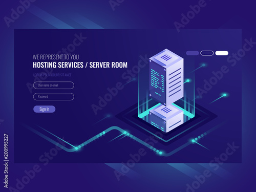 Hosting services, data center, server server room, template of page on information technologies theme sometric vector illustration ultraviolet