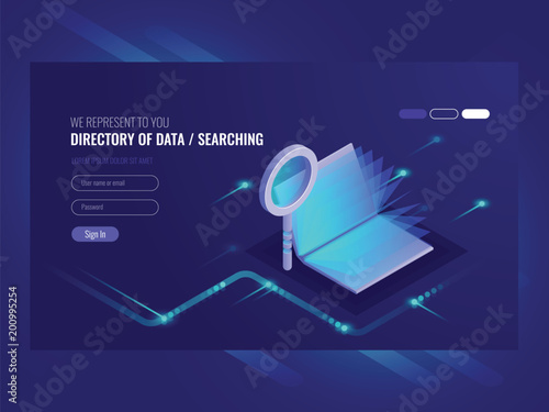 Directory of data, information serching result, book with magnifying glass, search engine optimisation, information technologies isometric vector ultraviolet