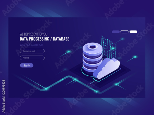 Big data flow processing concept, cloud database, isometric vector, web hosting and server room icons ultraviolet