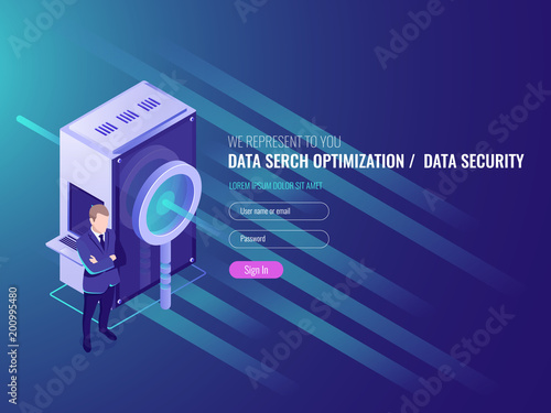 Data search optimization, information server, protection and security of database, server room with magnifying glass, businessman IT isometric 3d vector
