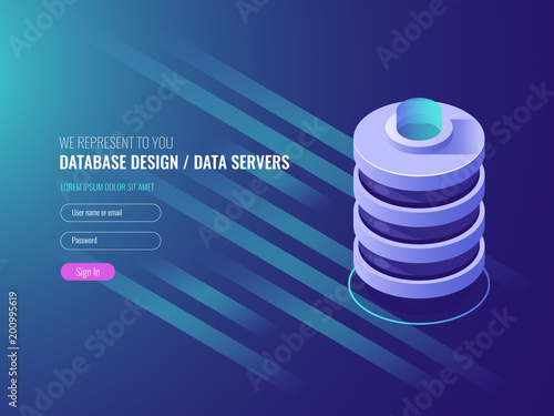 Databese design, icon of conceptual server room rack, data center, data storage service IT isometric 3d vector