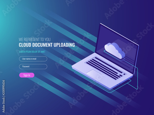 Cloud document uploading concept, clous server file copy and storage, clone work files, open laptop IT isometric 3d vector