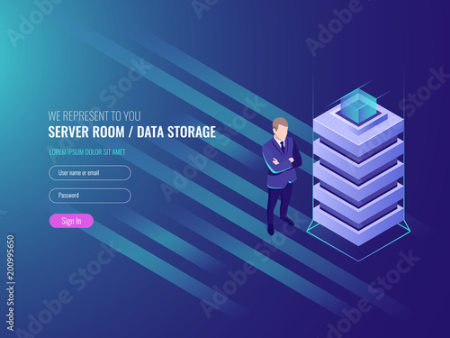 Data center concept, databases and internet information security, system administration, IT isometric 3d vector