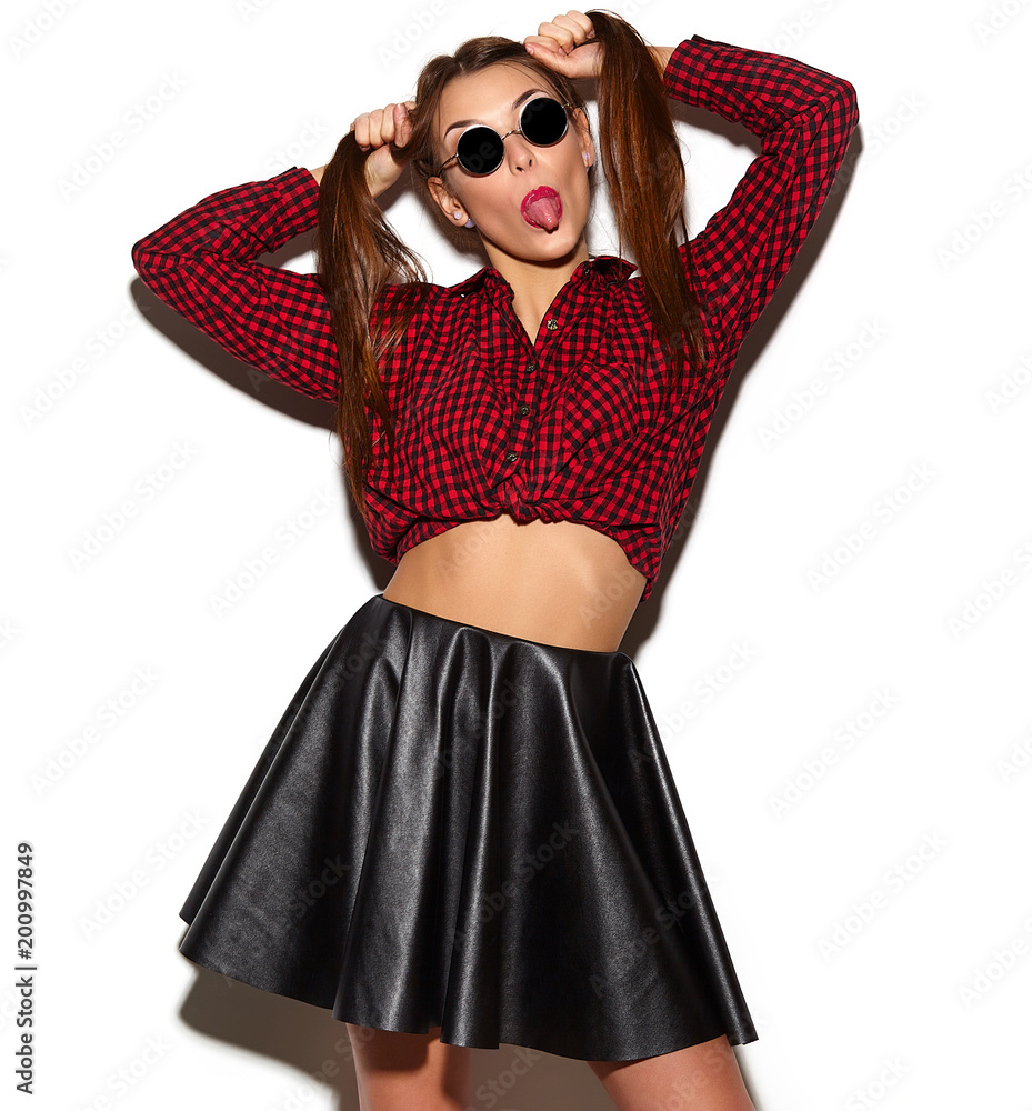 Portrait of young happy woman model with bright makeup and colorful lips in summer red checkered shirt  and sunglasses isolated on white. Going crazy