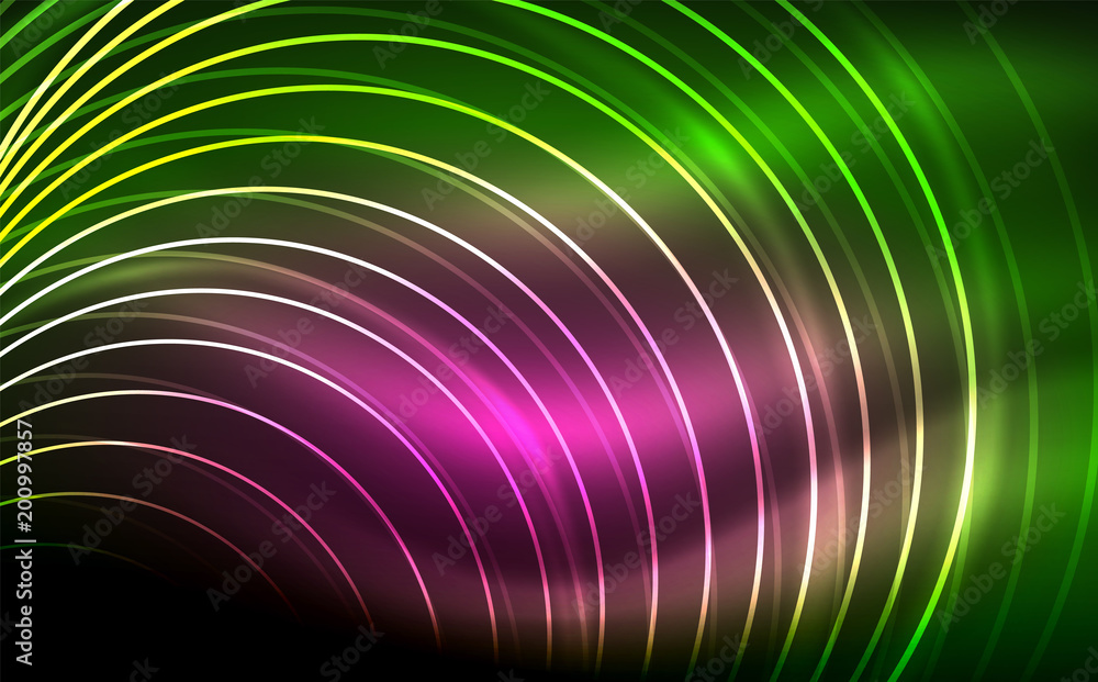 Circular glowing neon shapes, techno background. Abstract shiny transparent circles on dark technology space Circular glowing neon shapes, techno background. Abstract shiny transparent circles on dark technology space