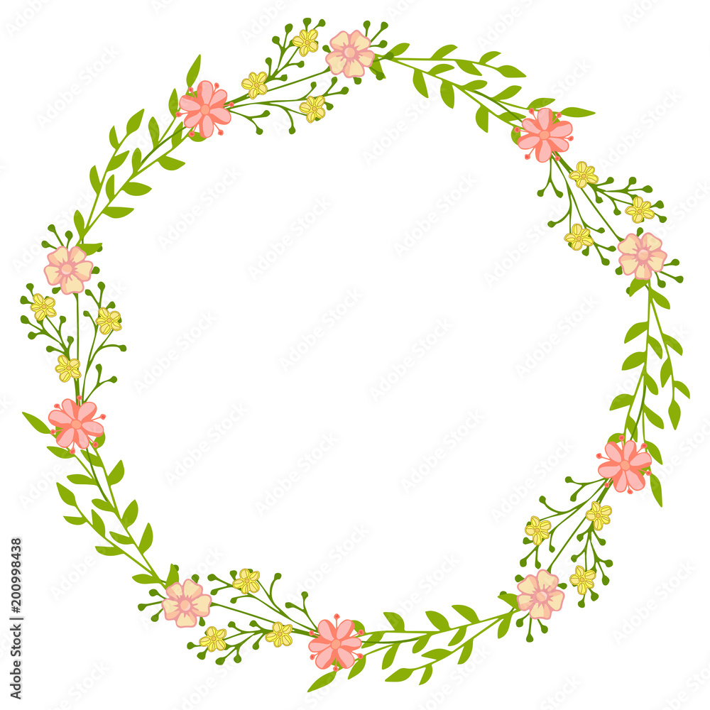 Wreath of wild flowers with leaves. A floral round frame with a place for your text.
