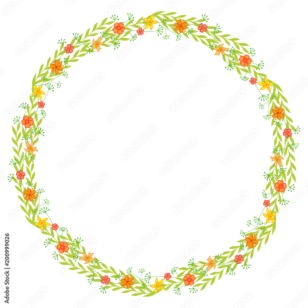 Fototapeta premium Wreath of wild flowers with leaves. A floral round frame with a place for your text.