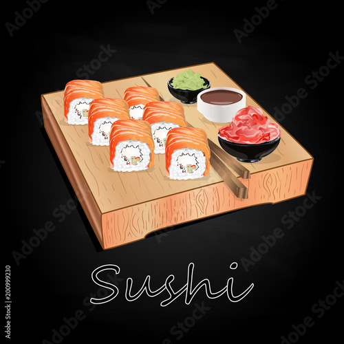 Various kinds of sushi served on wood desk black background.